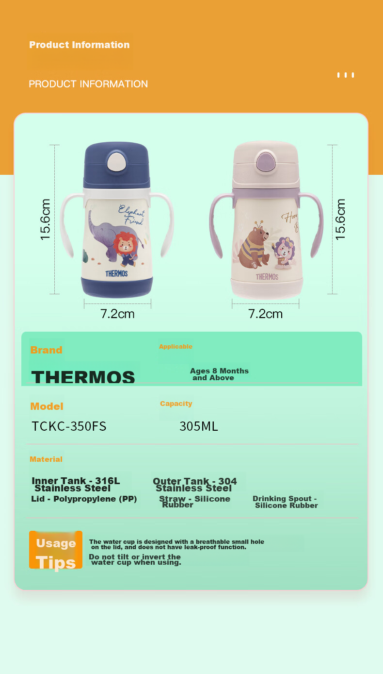 THERMOS Children's Straw Insulated Water Bottle, Ultra-Light 316L Stainless Steel Handle, for Students, Kindergarten, And Toddlers, School Use, TCKC 7