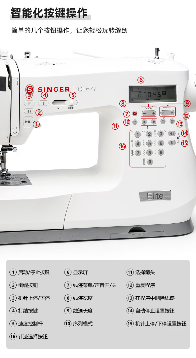SINGER CE677 Home Sewing Machine, 90W High Power, Can Handle Thick/thin Fabric, 200 Thread Patterns, 1100 High-Speed Rotation, Edge Locking, Buttonhole Functio 1