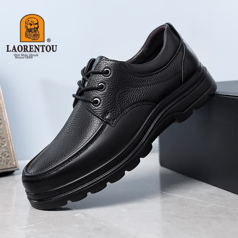 LAORENTOU Men's Leather Shoes, Business Casual Low-Top Shoes, Top-Layer Cowhide, Lace-Up Thick-Soled Breathable Dad Shoes, 260279 Black 41