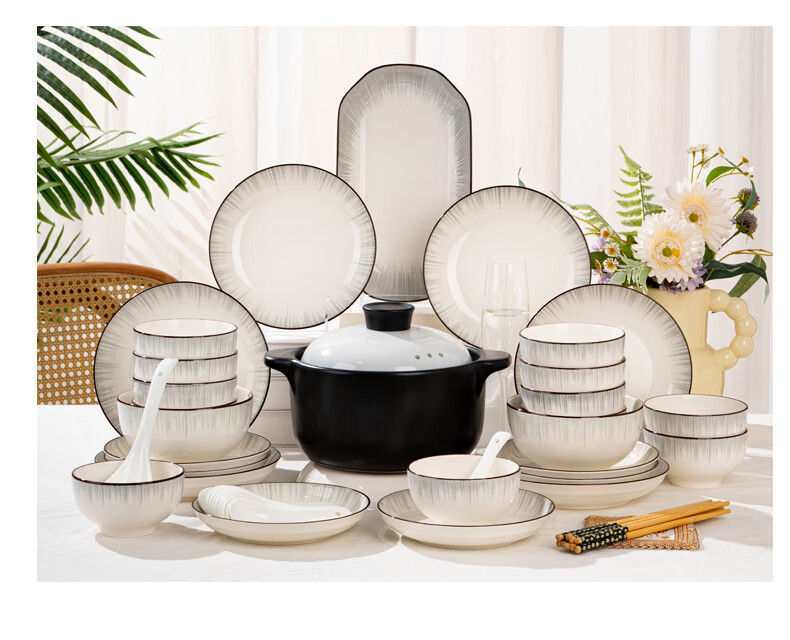 KANGQIN Bowl And Plate Set with Underglaze Color, Simple Nordic Style Ceramic Bowls Plates Chopsticks for 12 People, Upgraded Casserole Deluxe Gift Box Set 12