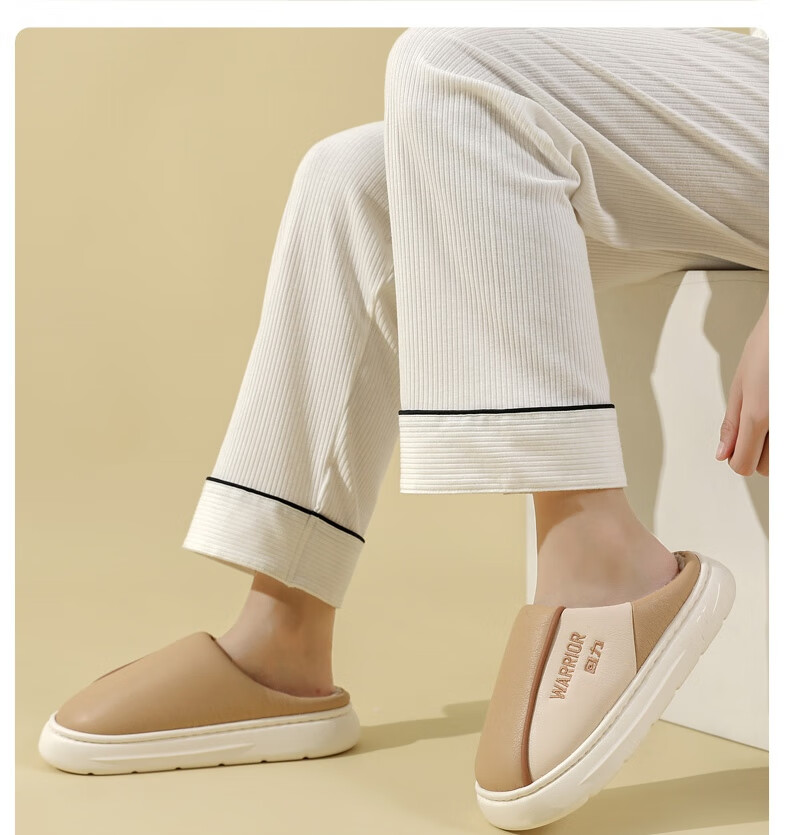 Warrior Waterproof Colorblock Easy-Clean Thick-Soled Fleece-Lined Indoor Outdoor Couple Cotton Slippers HL0717 Khaki Size 38-39 26