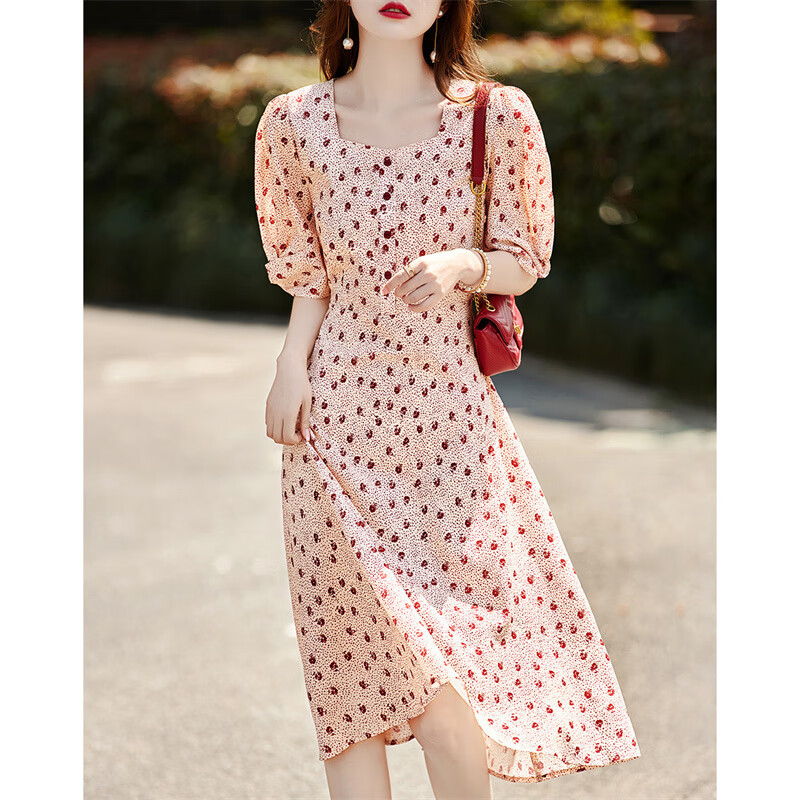Dme Chiffon Floral Print Summer Waist-Cinching A-Line Square Neck Puff Sleeve Floral Single Row Decorative Button Dress for Women, Summer, Goose Yellow, L
