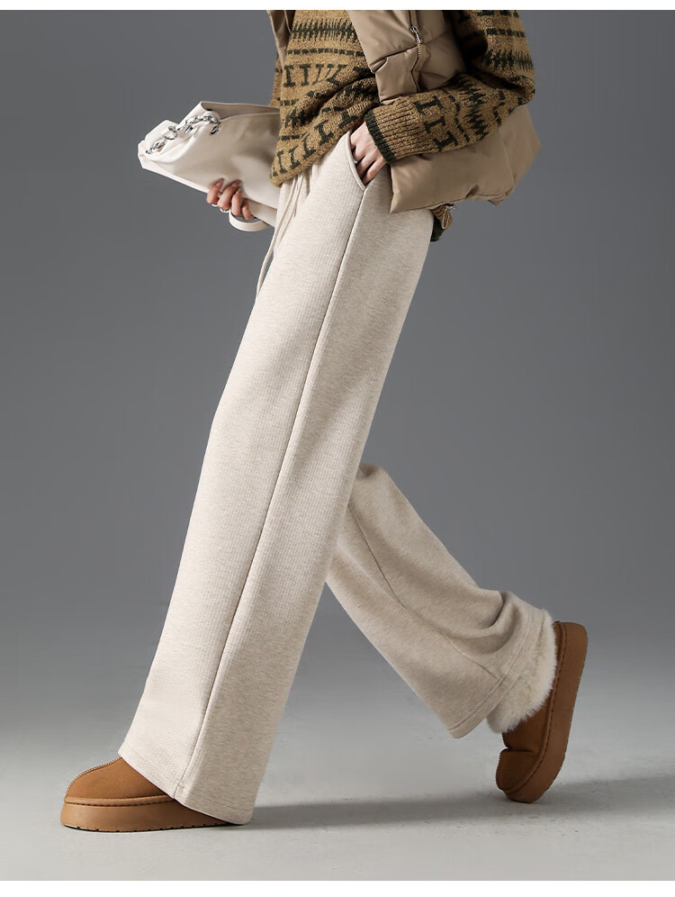 Dme Fleece-Lined Warm Maillard Style Autumn And Winter Simple Solid Color Versatile Straight-Leg Pants Women's Wide-Leg Trousers, Coffee Color, L 8