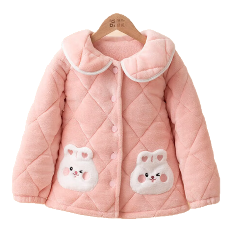 Dingguagua Girls' Pajama Set, Winter Three-Layer Quilted Thickened Flannel Sweet Cute Loungewear, Light Pink, Size 170