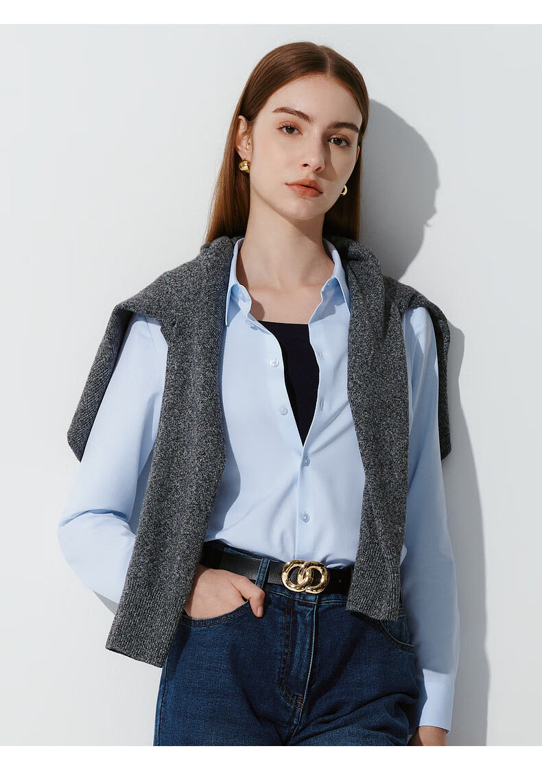 G2000 [Delivery with Bow] Autumn And Winter Mall-Matching Comfortable Draping Formal Long-Sleeve Shirt, Light Blue, Size 34 5