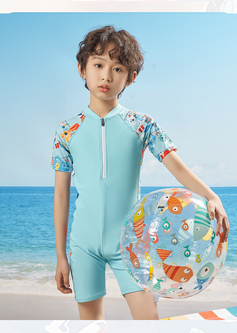 Li-Ning Children's Swimsuit, Boys' One-Piece Swimwear, Square-Leg Short Sleeve, Swimming Training Swimwear, 720 Blue, Size 140 1