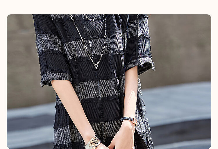 Dme [Beautiful Radar] Spring And Autumn French Chic Jacquard Tweed Tea Break Dress, Plaid Tassel Striped Dress 3