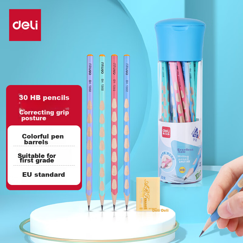 Deli Perforated Pencils, 30 Pieces, HB Triangular Shaft, 7.2mm Colored Shaft, Easy Grip, Children's Writing Posture Correction, Student Handwriting Practice Pencils, S957-HB, Back-To Stationery