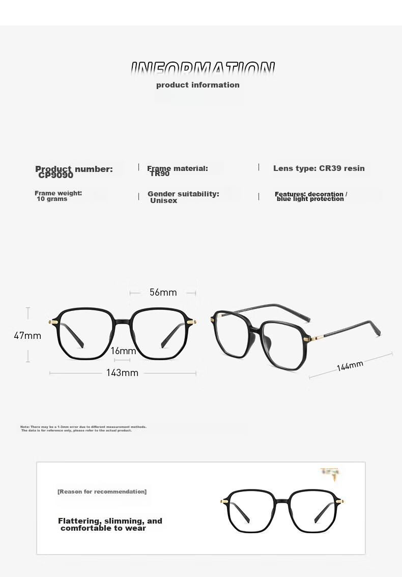 CAPONI Myopia Glasses for Women, Anti-Blue Light Radiation, Black Frame, Photochromic Lenses, Lightweight Black Large Frame, Face-Slimming, Can Be Fitted with Prescription Lenses 16