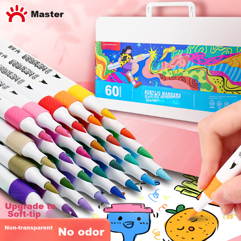 GRASP Acrylic Markers, 60 Colors, Soft Tip, Large Capacity, Stackable, Watercolor Pens, Skin-Friendly, Washable, Drawing Brushes, Children's Doodle Painting DIY, Birthday Gift for Boys And Girls