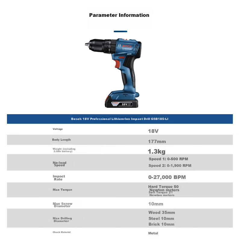 BOSCH Electric Drill, Impact Drill, Power Screwdriver, Wall Drilling, Unboring, Brushless Lithium Battery GSB185, 18V, 2.0Ah Single Battery