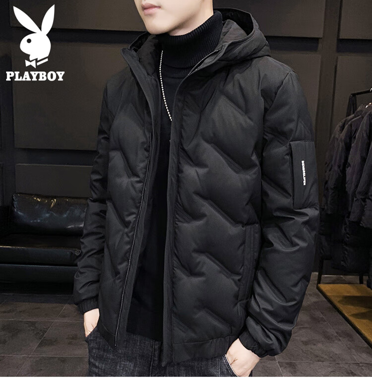 PLAYBOY Men's Autumn Winter Hooded Lightweight Warm Down Jacket Workwear Black 2XL 3