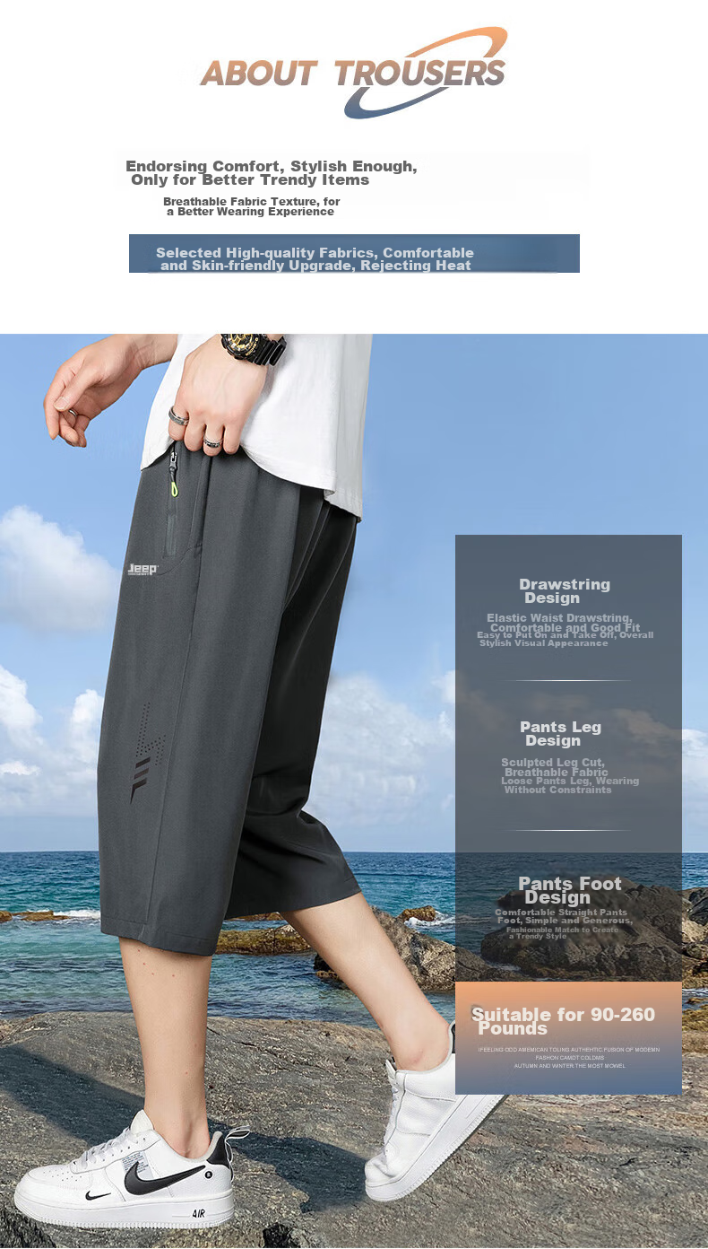 JEEP SPIRIT Ice Silk Capri Pants for Men, Sports Shorts, Summer Lightweight Quick-Dry Breathable Casual Trousers, Black M 3