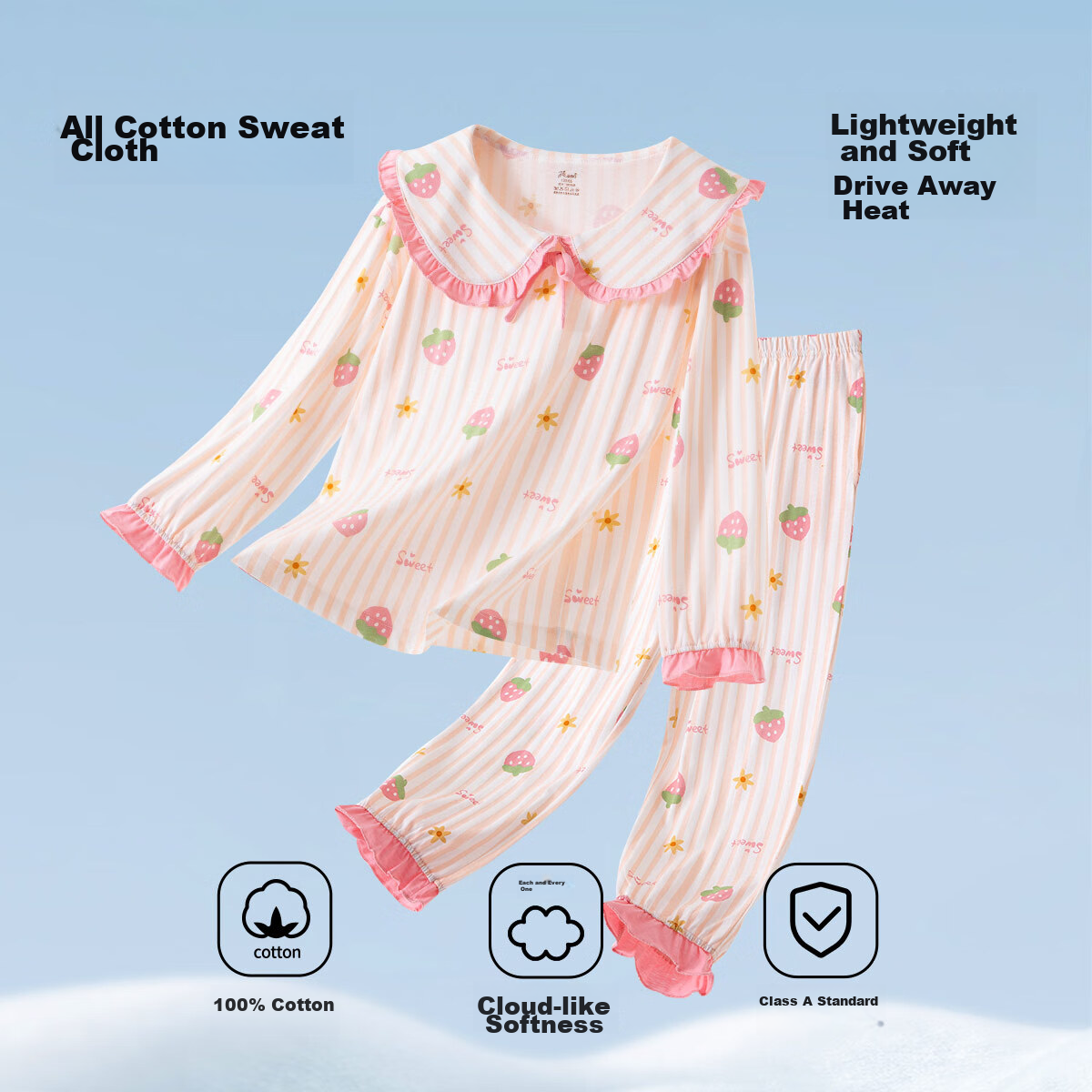 Dingguagua Girls' Pajamas, Pure Cotton Long-Sleeve, Spring And Summer, Girls' Children's Baby All-Cotton Home Wear Set, White, Size 160