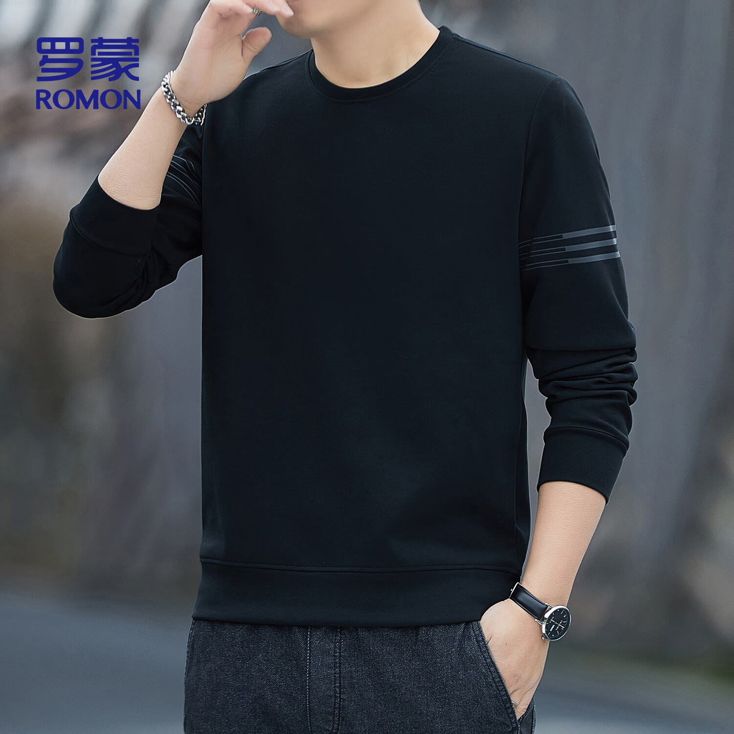 ROMON Men's Sweatshirt Spring and Autumn Crew Neck Simple Base Long Sleeve Casual Business Top Black 2XL Model 8005