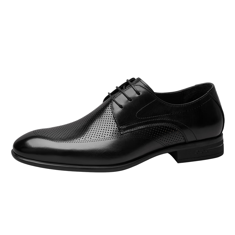 Goldlion Men's Formal Shoes, Fashionable Perforated Breathable Leather Shoes, Comfortable Wear-Resistant Derby Shoes G520320175AAD Black Size 40