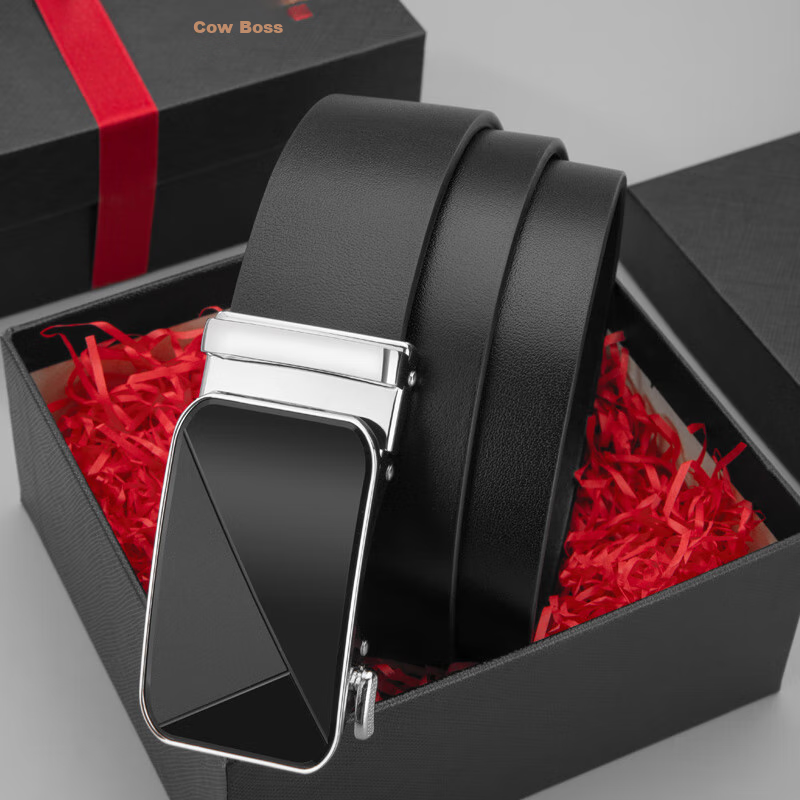 Cattlesboss Men's Belt, Top-Grain Leather, Automatic Buckle, Versatile Business Waistband, Model 7325, Black, 110cm