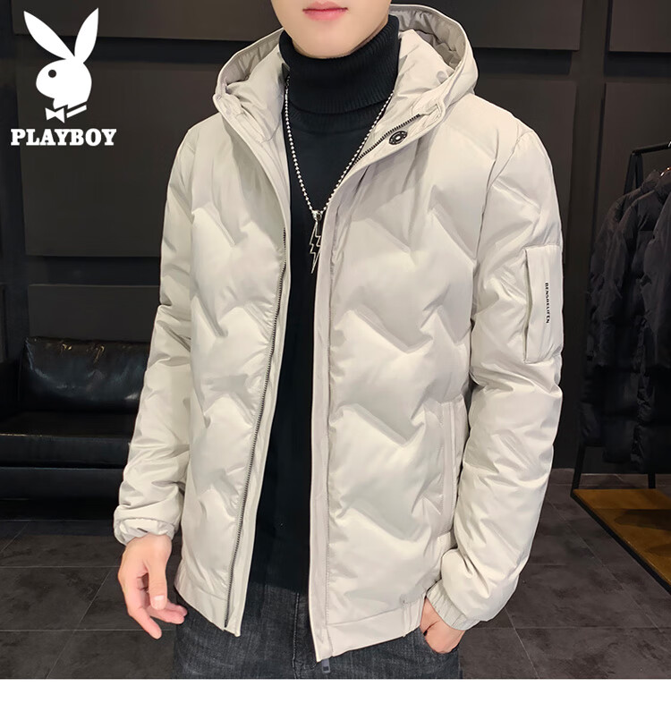 PLAYBOY Men's Autumn Winter Hooded Lightweight Warm Down Jacket Workwear Black 2XL 5