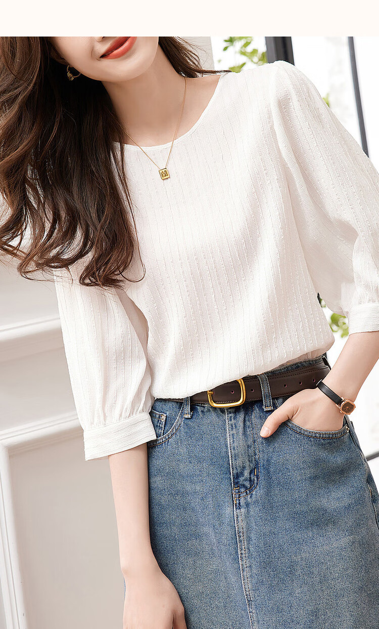 Dme [French Textured Shirt] Summer Commuter Round Neck Lantern Sleeve Blouse Women's Top, Off-White, L 19