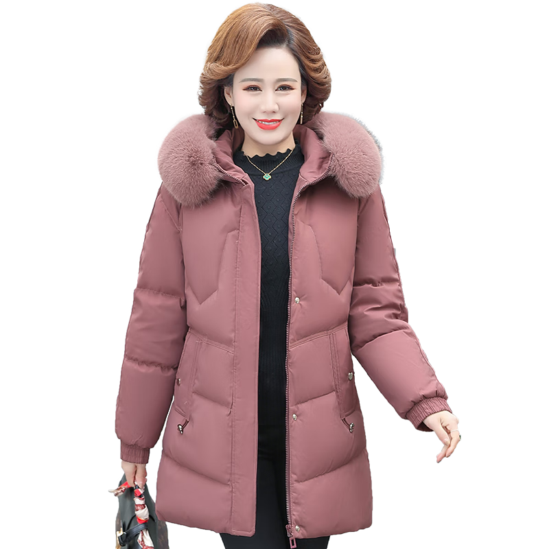QIUFULUO Mom's Winter Warm down Jacket, 50-60 Years Old Middle-Aged And Elderly Women's Clothing, New Year Red High-End Stylish Fur Collar Coat