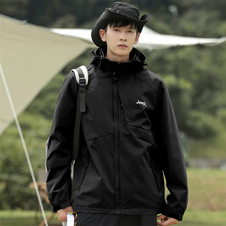 JEEP Men's Jacket, Simple Loose Fit, Hooded Sports Outdoor Clothing, Men's Outerwear, 075 Black, Size M 15