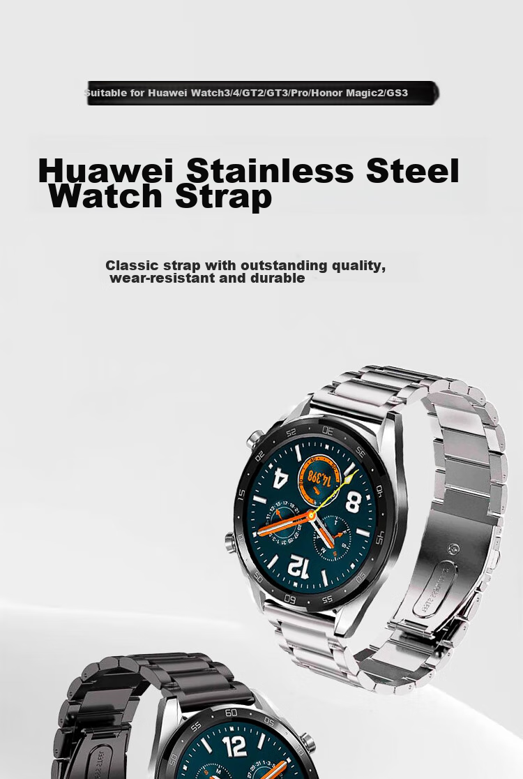 ESCASE Huawei Watch Strap, Compatible with Watch4Pro/Buds/3Pro/GT3/GT2/New Porsche Design/Honor Magic2, Stainless Steel Three-Strand Replacement Band, Black, 46/48mm 1
