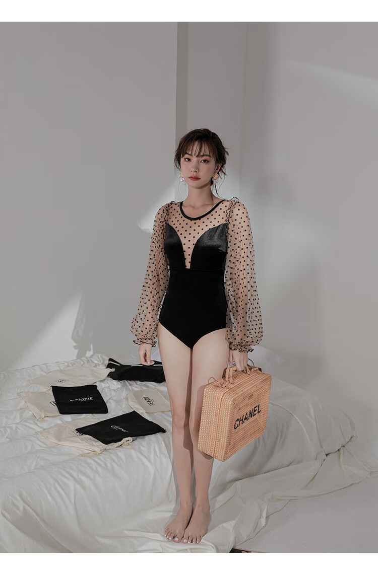OMOM Women's Swimsuit, Fashionable Slim Fit, Summer Sexy Lace Long Sleeve One-Piece, Slimming Tummy Control, Sanya Vacation Plus Size Hot Spring Swimming Suit, Black, L 12