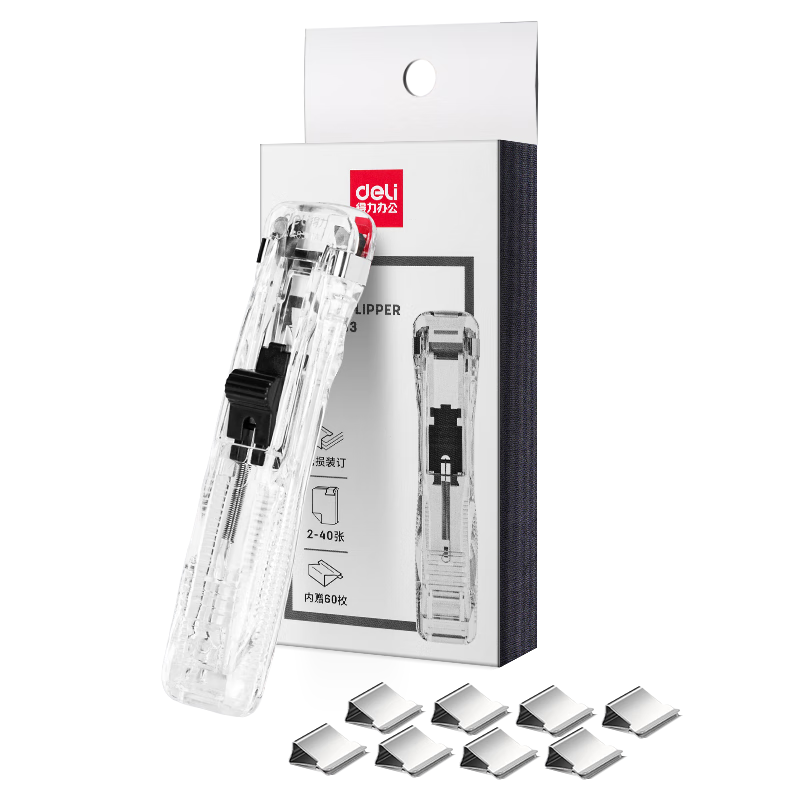Deli [Super Popular] Office Binding Push Clip Set (Push Clips 60 Refill Clips), Can Clip 40 Sheets of Paper, Transparent White 33183
