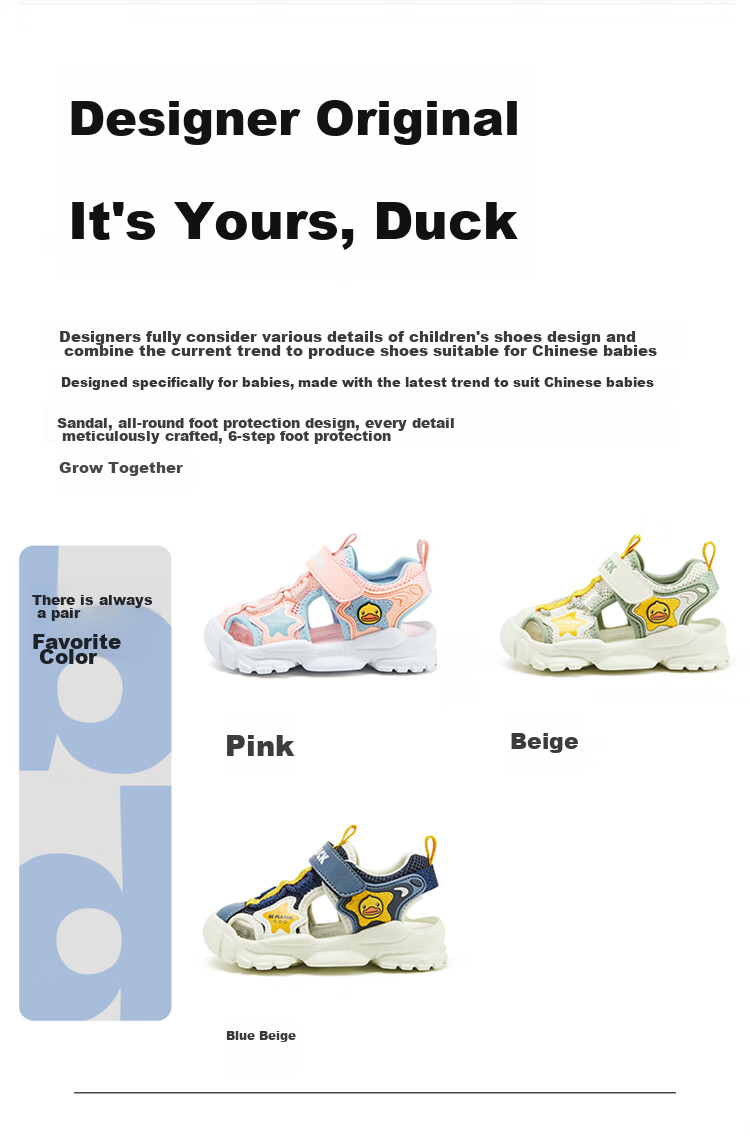 B.Duck Children's Sandals, Summer Breathable Closed-Toe Anti-Kick Beach Sandals for Boys And Girls, Color Pink, Size 25 15