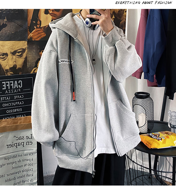Foss Phil Men's Jacket, Spring And Autumn Large Size Cardigan Sweatshirt, Hooded Sports Top, Loose-Fitting Jacket JK2080, Black, XL 6