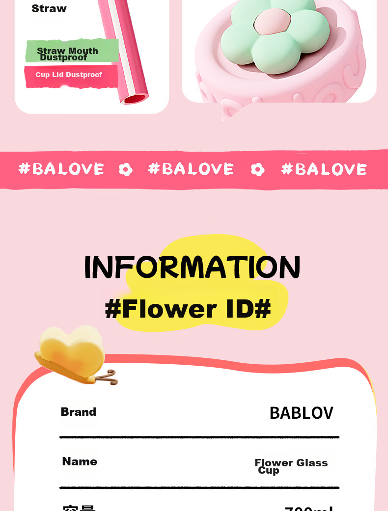BABLOV Children's Water Bottle for Girls, Stylish Large Capacity Glass Tea Infuser Cup with Straw 15