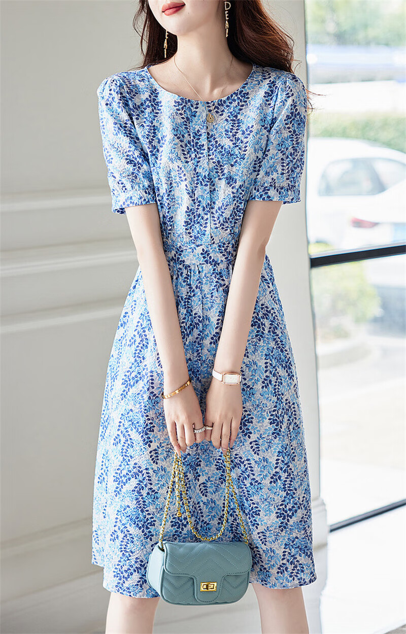 Dme [Monet Garden] Summer French Cloud Cotton Puff Sleeve High-Definition Printed Fitted Comfortable Easy-To A-Line Dress 10