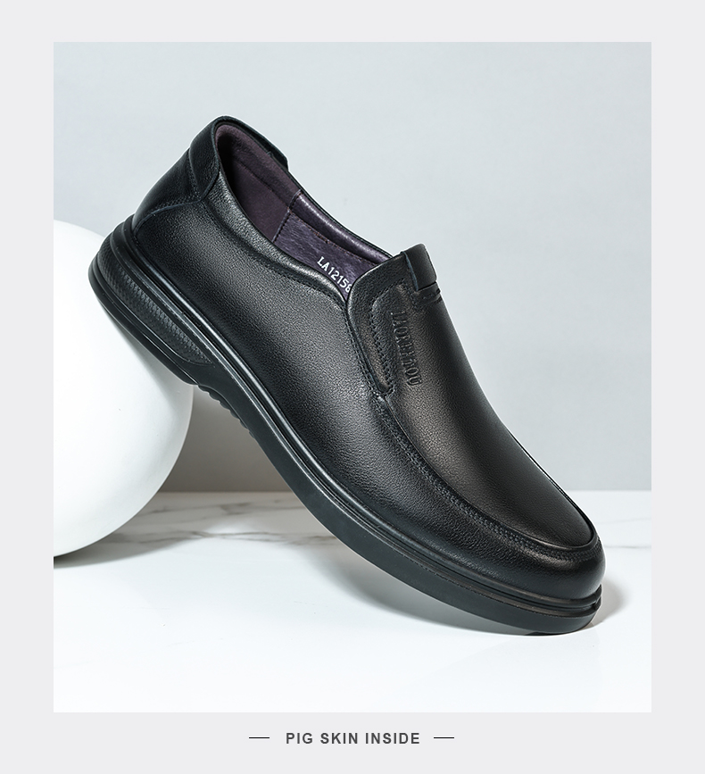 LAORENTOU Men's Leather Shoes, Business Casual Shoes, Low-Top, Top-Grain Cowhide, Slip-On, Polyurethane Sole, Non-Slip, Lazy Slip-On Dad Shoes, LA12158, Black, Size 40 12