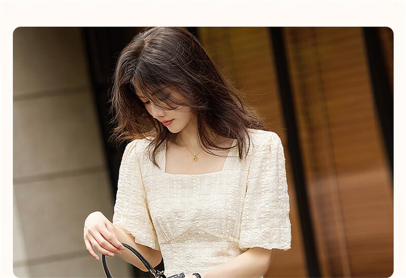 Dme [Commuter Cotton Bright Silk Umbrella Skirt], Summer Style Square Neck Waist-Cinching Puff Sleeve Dress, Long Women's Dress 5
