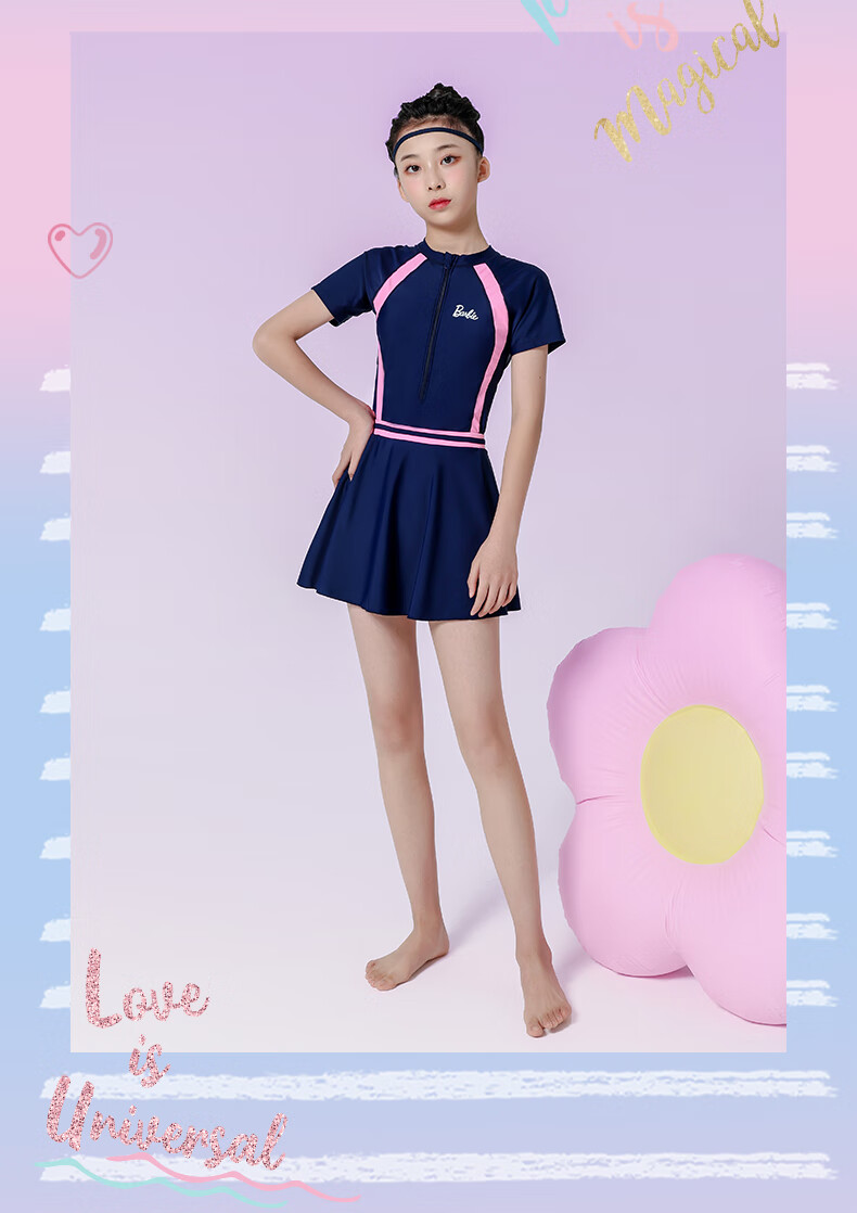 Barbie Children's Sun Protection Swimsuit One-Piece Dress for Older Girls, Conservative Swimwear for Elementary, Middle And High School Training for Young Wome 23