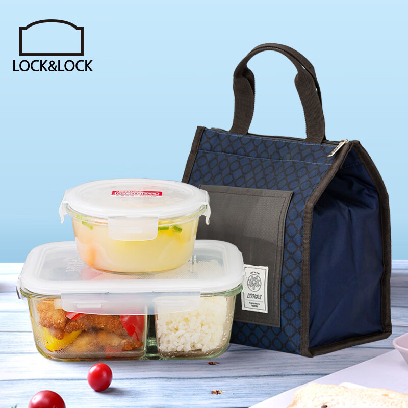 LOCK&LOCK Divided Glass Food Storage Containers Two-Piece Set, Microwave-Safe Lunch Boxes, with Bento Bag, 1L+380ml