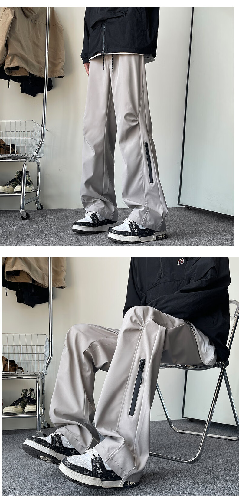IZEXX Mountain-Style Water-Repellent Casual Pants for Men, Summer Straight-Leg Wide-Leg Outdoor Paratrooper Cargo Trousers IZ37 Black M 8