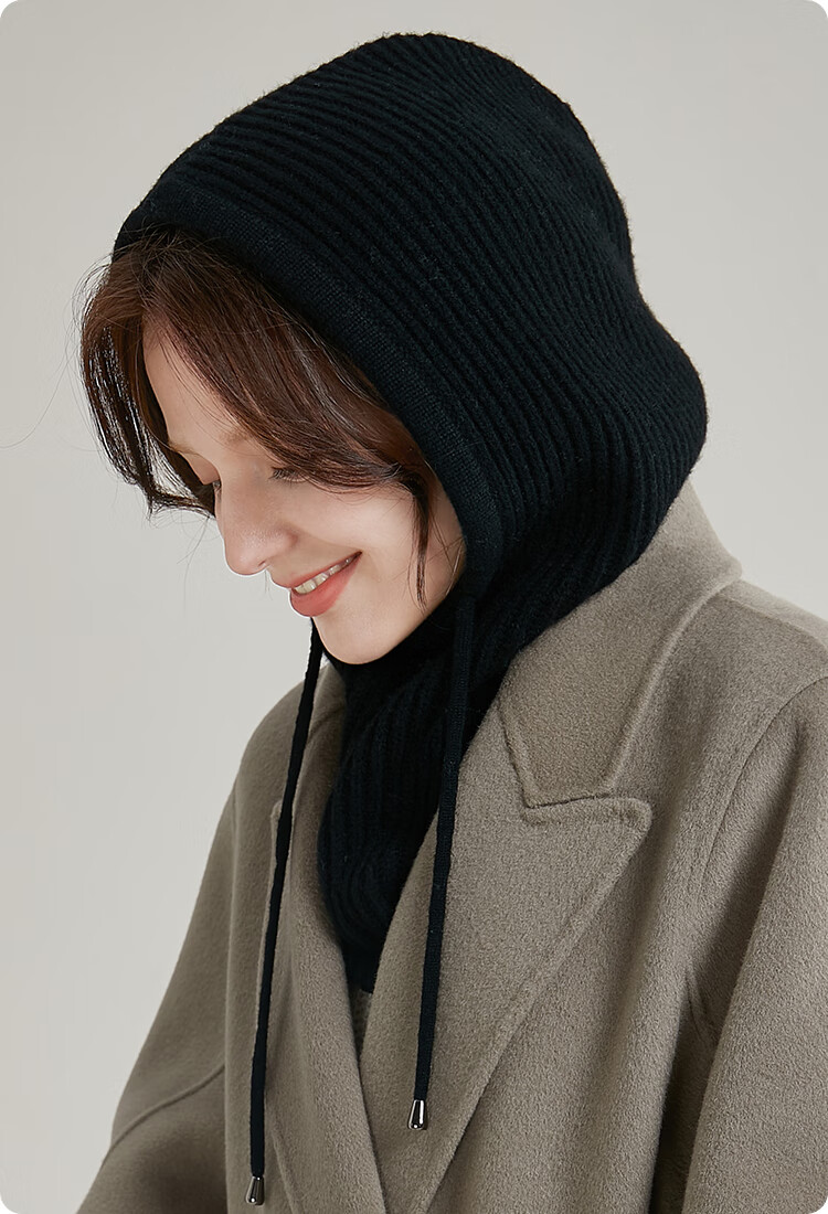 JIUMU Pure Wool Warm Knit Hat for Women, Autumn And Winter Balaklava Knitted Cap, Cold-Proof Hood with Integrated Neck Warmer 25