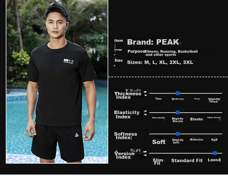 PEAK Men's Sports Set, Quick-Dry Breathable Casual Fitness Short-Sleeve Shorts Two-Piece Set, Black, Size L 7