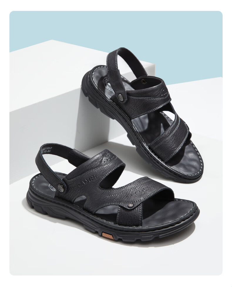 CAMEL Men's Business Dual-Wear Top-Grain Leather Beach Sandals, G13M211017, Black, Size 40 5