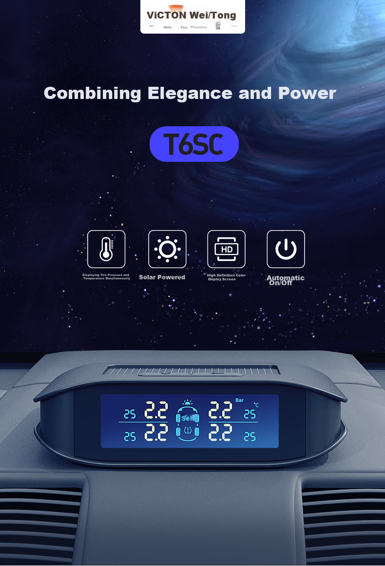 Victon Tire Pressure Monitoring System with Built-In Solar Power, Wireless, Integrated Tire Pressure And Temperature Display T6SC Color Scree 3