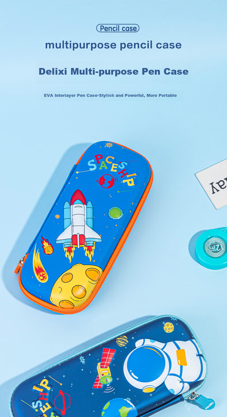Deli Elementary School Pencil Case, EVA Large Capacity Stationery Box, Robot Cartoon Series, Crush-Resistant And Drop-Proof, Lightweight Waterproof Pencil Case, Deep Blue Color, Back-To Stationery Gift 1