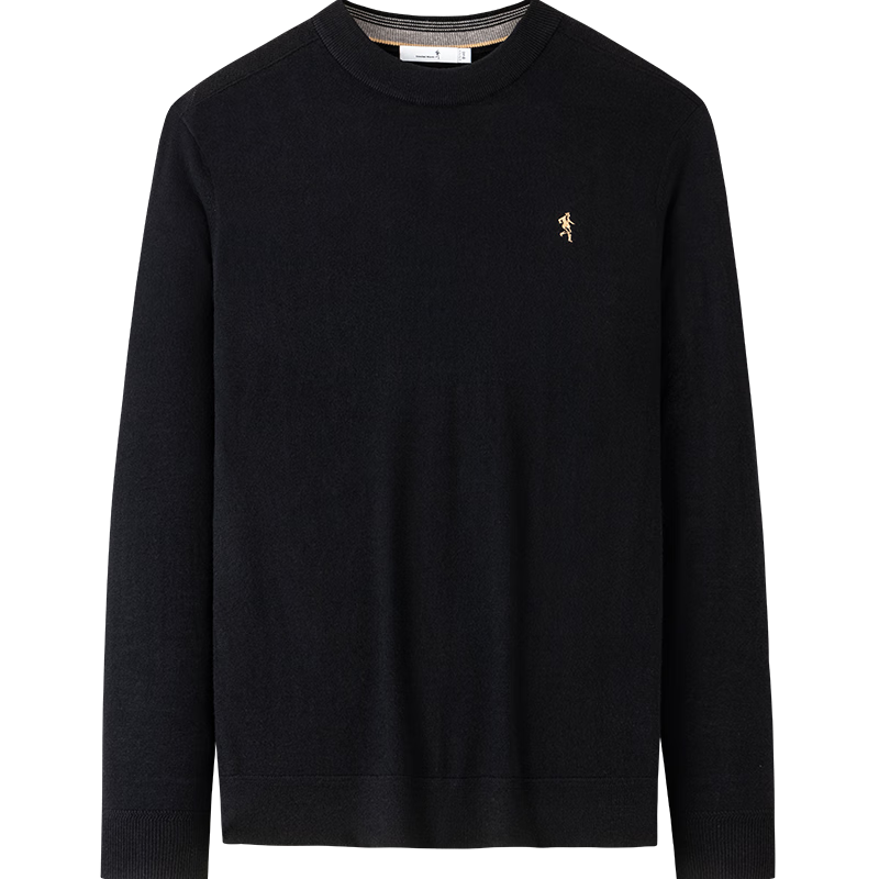 DANCING WOLVES Machine Washable Embroidered Crew Neck Knit Sweater for Men Autumn Winter Warm Top 001 Black Size 175