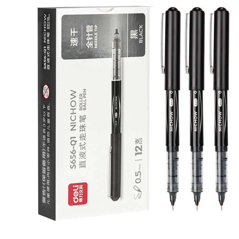 Deli S656-Q1 0.5mm Needle Tip Liquid Rollerball Gel Pen Black 12pcs/Box Student Office Use