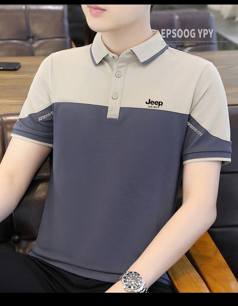 JEEP SPIRIT Short-Sleeve T-Shirt, Summer Polo Shirt, Business Casual Trendy Collared Half-Sleeve Shirt, Breathable, Gray-Blue, Size M 12