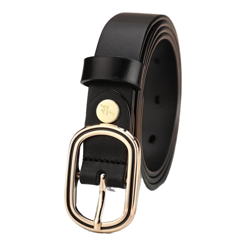 Cattlesboss Women's Belt, Top-Grain Leather, Round Buckle Decoration, Slim Waistband, Simple And Fashionable, Versatile, 5316, Black, 100cm