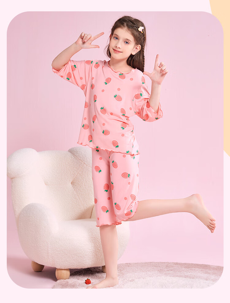 LangSha Children's Pajamas, Girls' Summer Thin Cool Modal Sleepwear Set, Youth Three-Quarter Sleeve Loungewear, Pink, Size 120 6