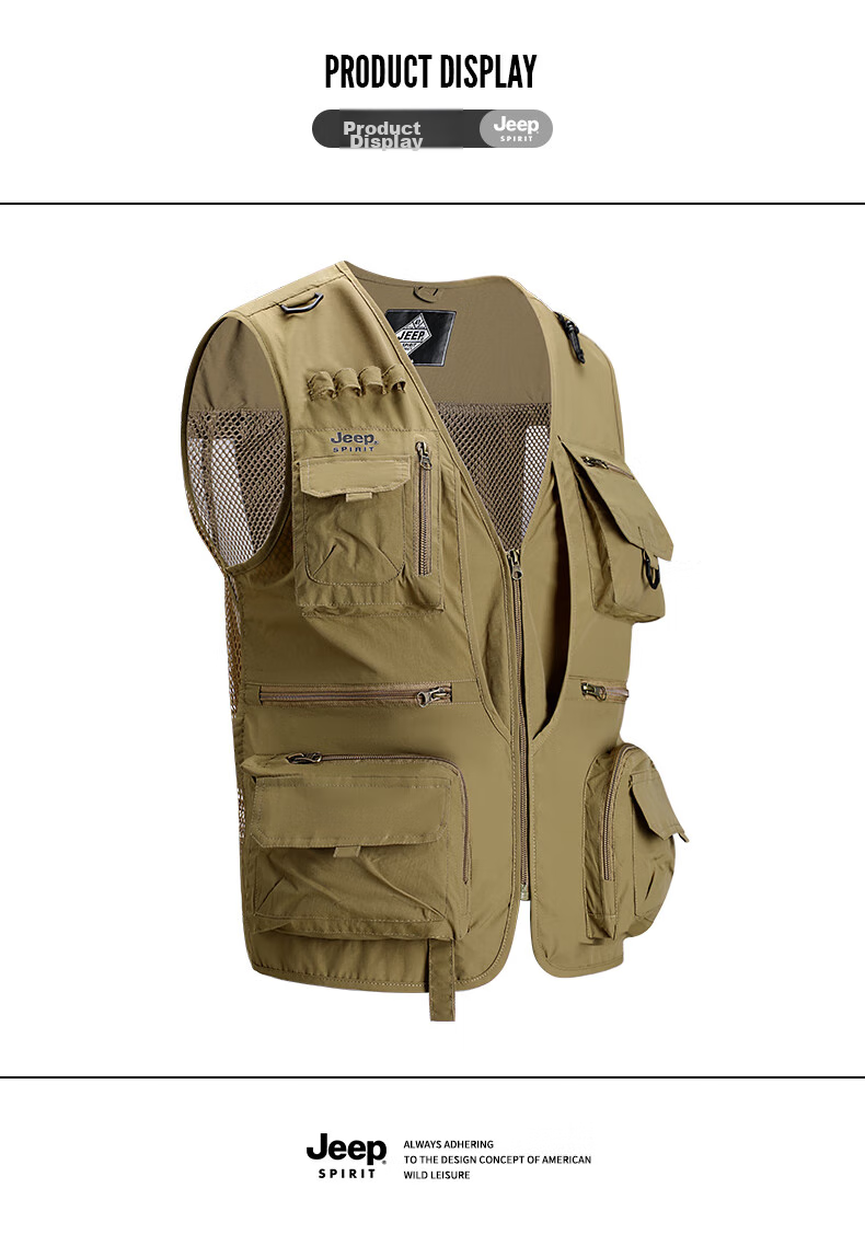 JEEP SPIRIT Men's Vest, Spring And Autumn Outdoor Fishing Multi-Pocket Sleeveless Jacket, Military Green, 2XL 9