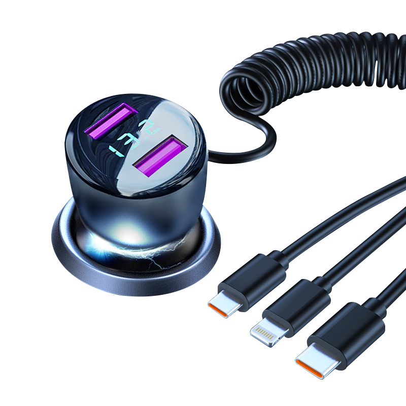 Newmine Three-In Car Charger Fast Charging with Cable, Cigarette Lighter Car Charger Fast Charging for Apple PD Huawei