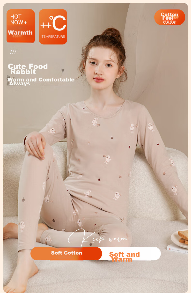 Fenteng Women's Thermal Underwear Pure Cotton 2025 New Style [Light Warm Underwear] Round Neck Small Floral Autumn Top and Bottom Set 1